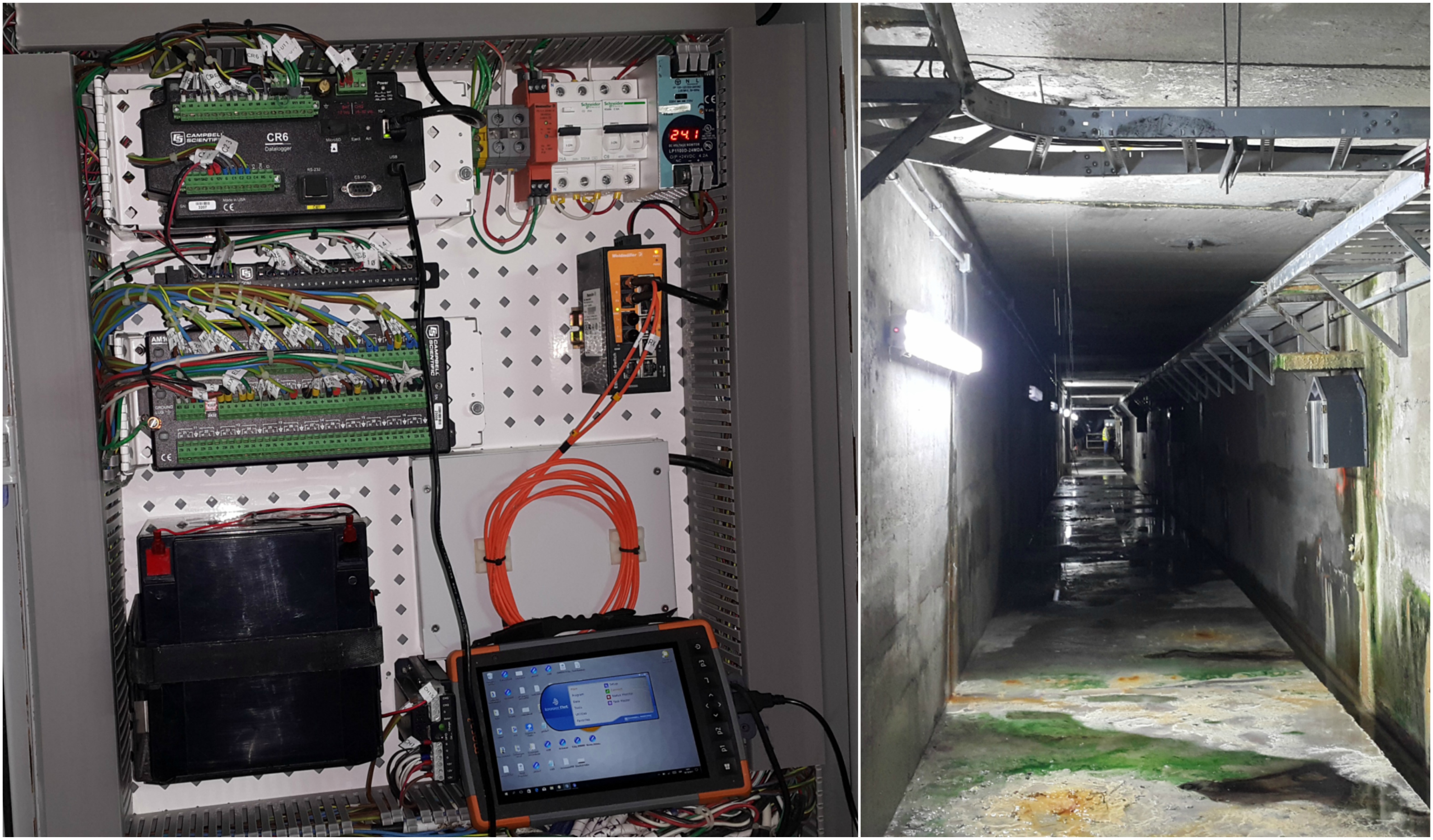 Wiring inside an enclosure on left and a hydroelectrical dam on right