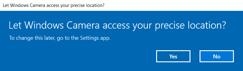 The first step in letting Windows Camera access your precise location for geotagging. 