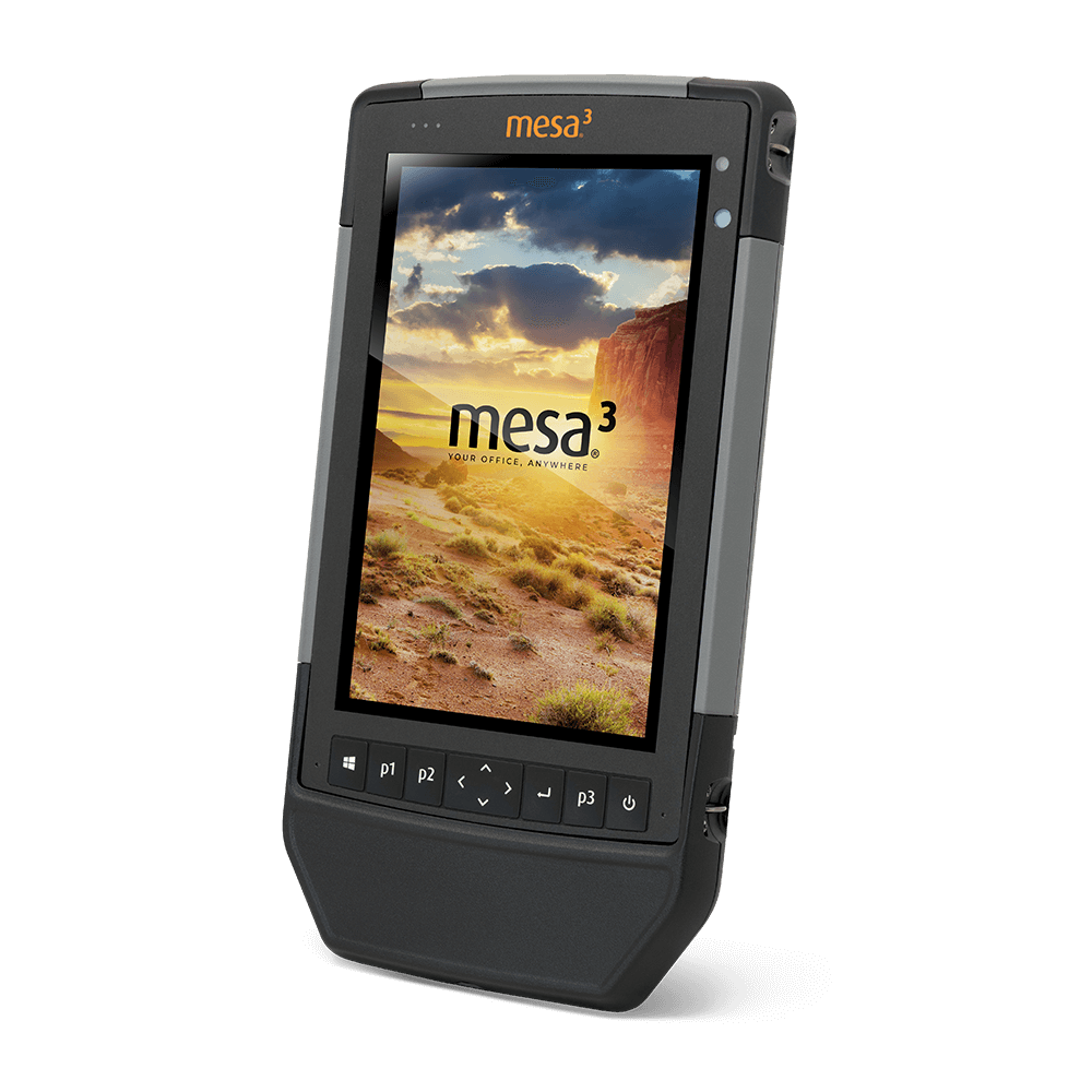 The Mesa 3 Rugged Tablet displaying a bright screen and the new smart card reader for users in the field. 