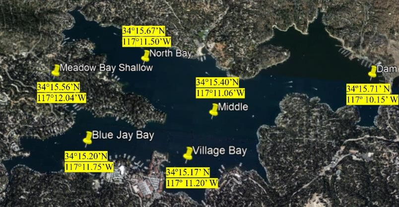 Image of Lake Arrowhead and the various probe locations used during the research period.