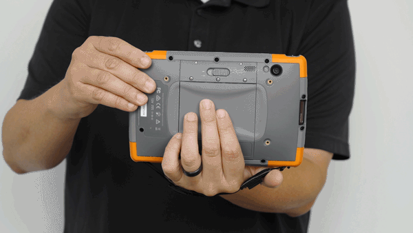 Multiple ways of holding the Mesa Rugged Tablet with RFID in landscape orientation.