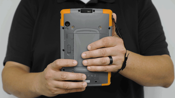 How to hold the Mesa Rugged Tablet with RFID in portrait orientation.