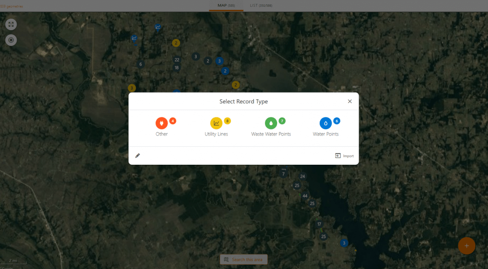 Screenshot of selecting the record type for utility lines, waster water points, water points, or other. 